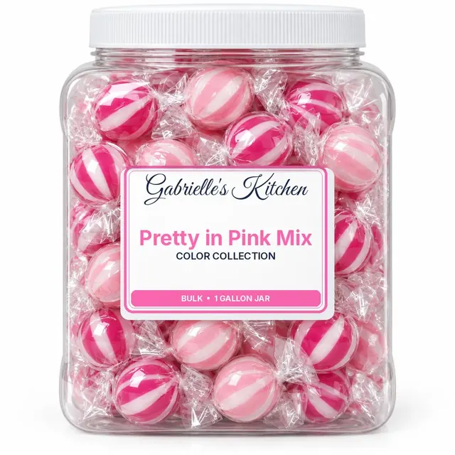 Clear gallon jar of Pretty in Pink Mix