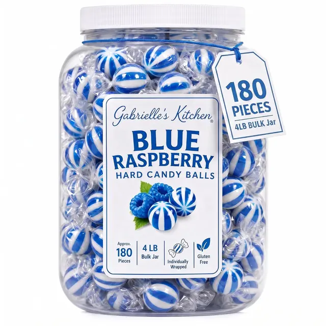 Clear gallon jar of Blue Raspberry Hard Candy Balls