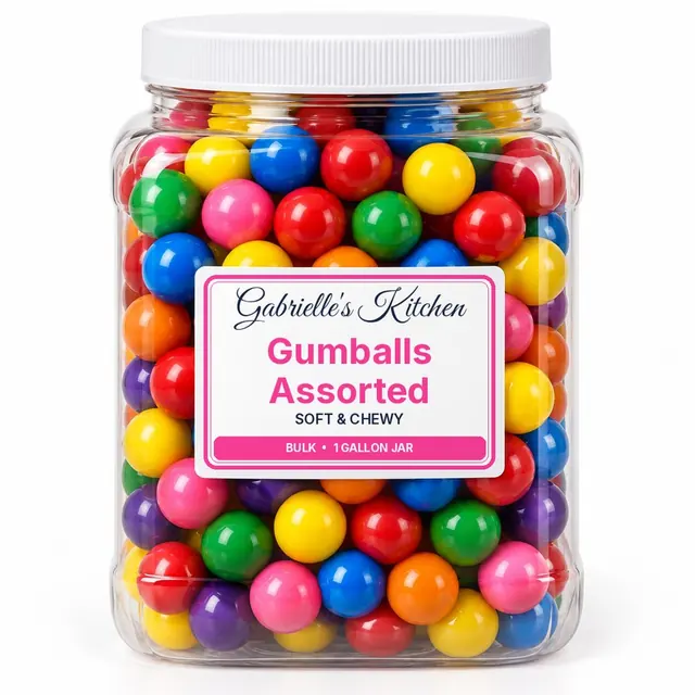 Clear gallon jar of Gumballs Assorted