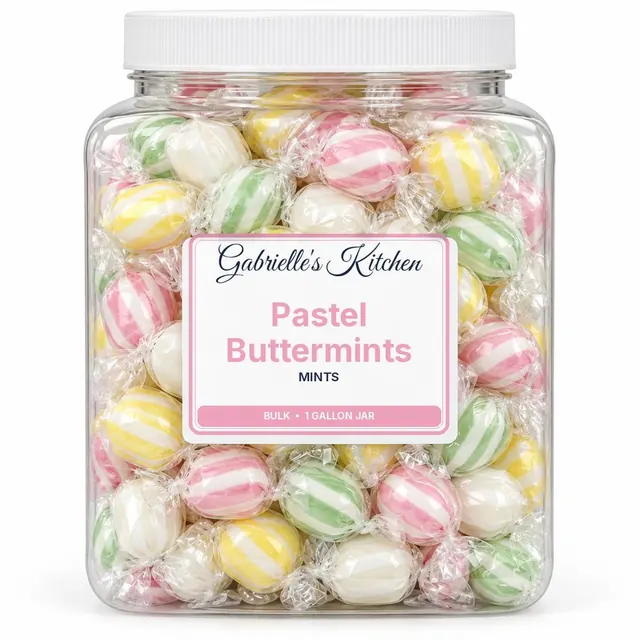 Clear gallon jar of Pastel Buttermints