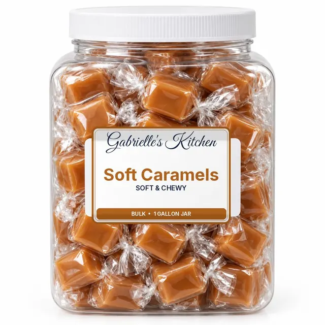 Clear gallon jar of Soft Caramels