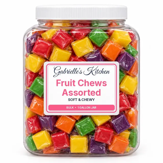 Clear gallon jar of Fruit Chews Assorted
