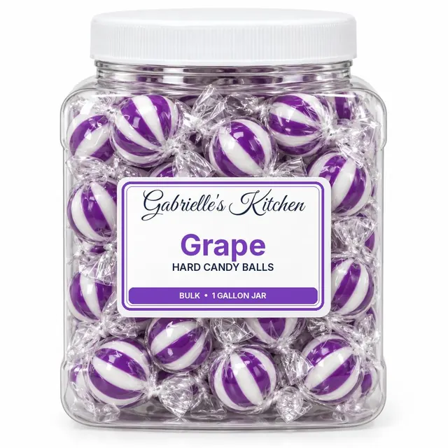 Clear gallon jar of Grape Hard Candy Balls