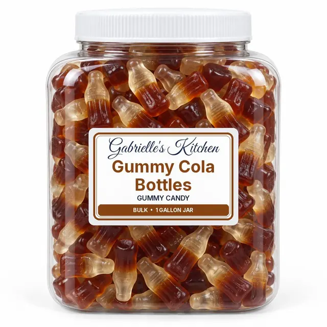 Clear gallon jar of Gummy Cola Bottles