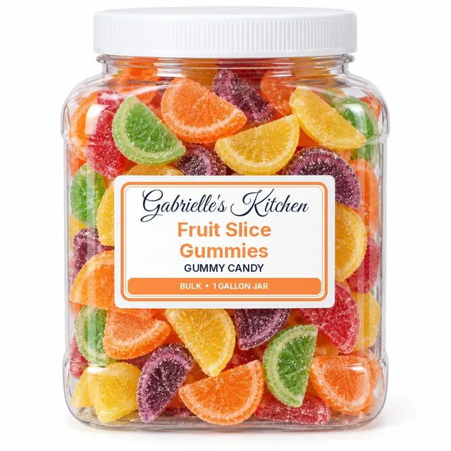 Clear gallon jar of Fruit Slice Gummies