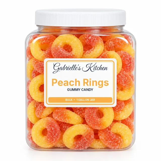 Clear gallon jar of Peach Rings