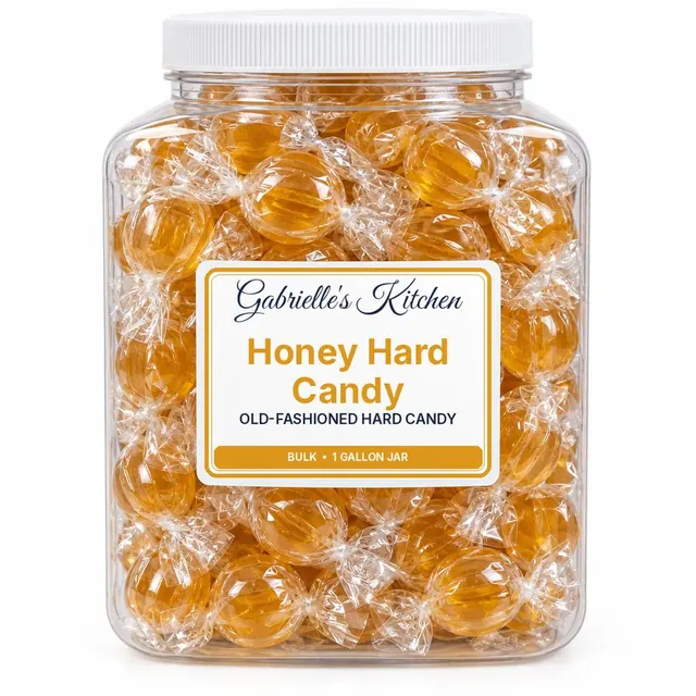 Clear gallon jar of Honey Hard Candy