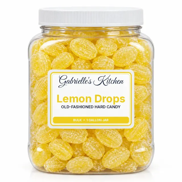 Clear gallon jar of Lemon Drops