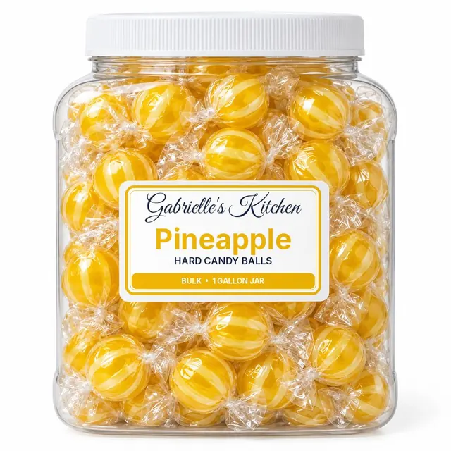 Clear gallon jar of Pineapple Hard Candy Balls