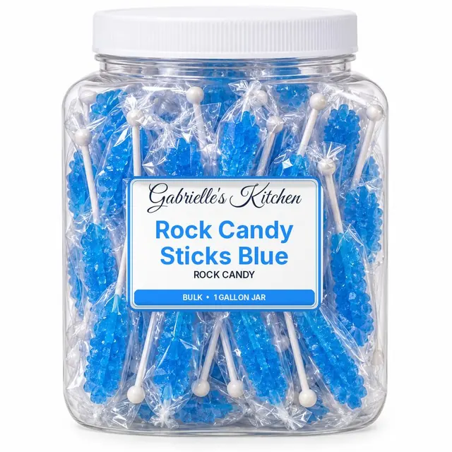 Clear gallon jar of Rock Candy Sticks Blue
