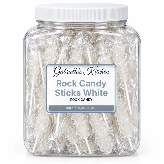 Clear gallon jar of Rock Candy Sticks White