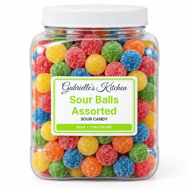 Clear gallon jar of Sour Balls Assorted