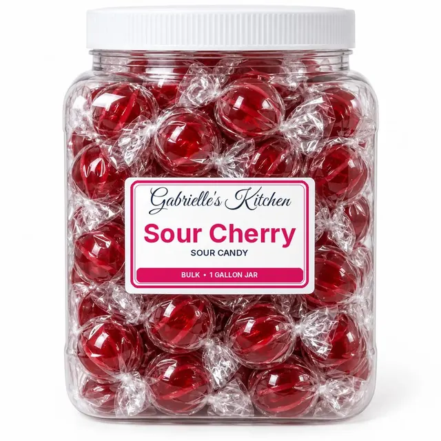 Clear gallon jar of Sour Cherry Hard Candy Balls