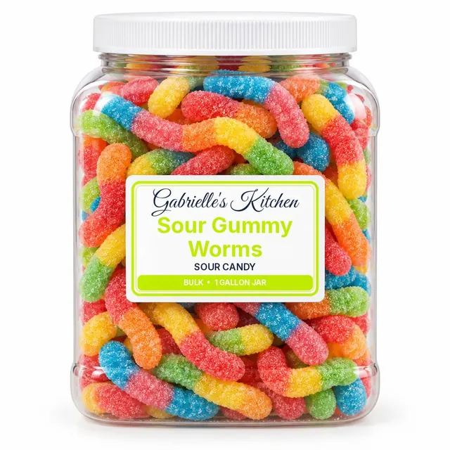 Clear gallon jar of Sour Gummy Worms