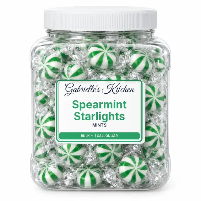 Clear gallon jar of Spearmint Starlights