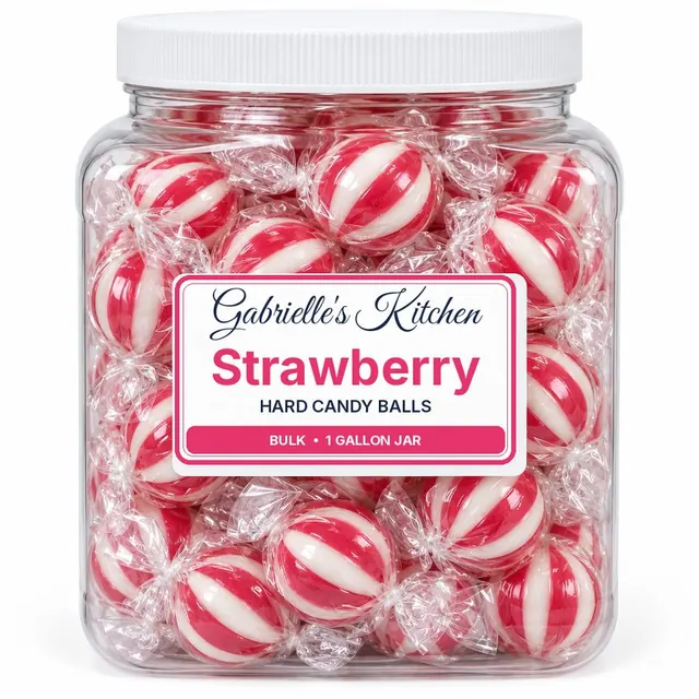 Clear gallon jar of Strawberry Hard Candy Balls